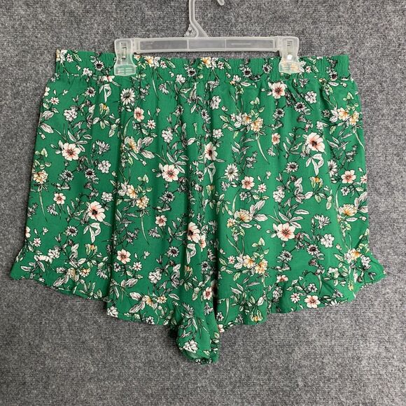 Forever 21 Kelly Green Floral Shorts Ruffle Hem Women 3X Rayon Pullon - Picture 5 of 11